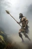 Placeholder: Amazon jungle a foggy mist cloudy , a big giant from Stone Age wearing a fur skin and holding a big stick