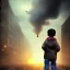 Placeholder: a little boy in a apocalypse city with big buildings, and smoke in the air, with flying machines, cats in the streets