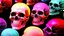 Placeholder: hundreds of non-anatomically correct, dark comic art, graphic novel,human skulls stacked into a wall unusual neon lighting, high velocity, 64k, dystopian, vray, a picture of a dark, comedic, anatomically correct wall of colorful tightly packed skulls of varying sizes and expressions, photo realistic, insanely meticulous, highly detailed, part of a collection of bones on display, 64k, dystopian, vray ,made with stained glass