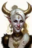 Placeholder: A young tiefling woman with a set of ram horns on her head encrusted with jewels, White-Blonde, medium length hair, black eyes, dressed in white and gold with lots of jewelry, beautiful, satanic tattoos on her neck, she is smiling