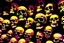 Placeholder: hundreds of non-anatomically correct, dark comic art, graphic novel,human skulls stacked into a wall unusual neon lighting, high velocity, 64k, dystopian, vray, a picture of a dark, comedic, anatomically correct wall of colorful tightly packed skulls of varying sizes and expressions, photo realistic, insanely meticulous, highly detailed, part of a collection of bones on display, 64k, dystopian, vray , ALL DRAWN IN THIN LINES OF NEON LIGHT AND COLORS