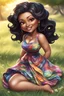 Placeholder: An airbrushed chibi black cartoon of a curvaceous woman with flowing black hair twisted up, wearing a colorful maxi dress. She sits relaxed on the grass facing the warm sunlight, which illuminates her face as she looks to the side with a small smile, accentuating her prominent makeup and brown eyes.