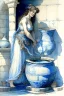 Placeholder: A woman in an ancient Roman dress pours water from an amphora into a pot in a blue and white bathroom, by Jean-Baptiste Monge, watercolour and ink, highly detailed, award winning, crisp quality in sunshine