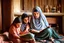 Placeholder: A close-up scene of an Arab mother reading the story from a book with her children around her in the room of the old wooden house near the fireplace 100 years ago.