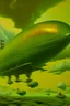 Placeholder: An lime green and gray cloudy sky with gizmo airships designed in African masks painted by Lyonel Charles Feininger