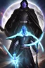 Placeholder: Thanos is the god of power and evil The commander wears a black cloak and a long coat with long combat boots and a long spear with a hat under his cloak with blue flame eyes, a sword like a spear The sun in the palm of a brave man in the middle of the desert