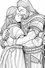 Placeholder: coloring page, minimal detail. HD. Woman hugging a male knight with a beard. No background detail.