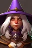 Placeholder: facial portrait dnd female gnome, dark skin, trimmed white eyebrows, purple eyes, shoulder white hair, oval face, full lips, ultra wide brim