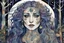 Placeholder: random watercolor Zentangle patterns in the styles of Gustav Klimt ,Wassily Kandinsky, Alphonse Mucha, and Kay Nielsen that depicts an aged and haggard female Werewolf with highly refined facial features, in a moonlit forest glade , with fine ink outlining