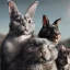 Placeholder: family portrait 2 sisters, 1 brother, 1 mother, 1 grey rabbit, 1 black and grey rabbit, one very old red-headed sleepy cat, winter mountain background,