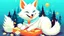 Placeholder: fantasy cartoon style illustration: happy Arctic white fox wraps Christmas gifts.