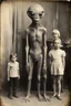 Placeholder: 1900's black and white vintage photo, interior, alien human hybrid creature with a family, captured on square format film, grainy, aged