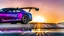Placeholder: A sleek (((racing purple bentley gt3))), its matte shell reflecting the (((bright sun))), cutting through a (((clear bright blue morning sky)))