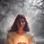 Placeholder: photoreal twenty-year-old Eva Mendes goddess as powerful elf lightning wizard with glowing eyes looking down in heavy purple orange rain in a forest at dawn by lee jeffries, octane render, 8k, high detail