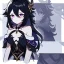 Placeholder: Clear focus, High resolution, rough line sketch art, long black hair, hair between eyes, fluffy hair, purple eyes, wearing a off shoulder shirt, no spaghetti strapes, dark aura, 1girl, wearing a skirt, genshin impact, wearing a little bit revealing outfit