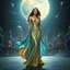 Placeholder: A breathtaking cosmic fantasy scene featuring a stunningly realistic beautiful woman with a perfect face and sculpted figure standing gracefully on an open stage of a floating CIFI town with Space craft landed over it. Surrounding her are CIFI buildings in deep space. She wears an elegant flowing gown in vibrant blue-gold hues that billow around her perfect form.