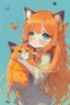 Placeholder: very cute anime cat with long orange hair catching a butterfly