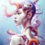 Placeholder:  Asian woman, leaning pose, octopus, full body, pink short hair, latex suit, style <Yoji Shinkawa>, Bones, watercolor illustration by <agnes cecile> squid, intricate detail , portrait, high lighting, Gradient background,