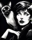 Placeholder: PROMPT: Monochrome ink illustration of a mature woman with long silver hair, eyes gazing upward, lips parted in thought, a Oriental shorthair Siamese cat draped on shoulder, staring sideways with sly expression. Deep shadows emphasize contours and texture. Bold hand-drawn lines, scratched ink details, black background creates isolation. Gothic comic aesthetic, vintage pulp tone, emotional stillness, surreal tension, expressive portrait in graphic noir style