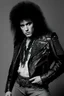 Placeholder: What Elvis Presley would look like if he were in a 1980s, big hair, glam rock band with long, teased up, spikey black hair,