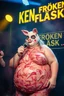 Placeholder: a very fat swedish girl, with skin colored ski mask called "Fröken Fläsk" performing at dance club, her name is "Fröken Fläsk" piglets On stage, yellow Neon lights and smog, and "FRÖKEN FLÄSK" big sign on the wall, she is covered all the body with pork slices, bacon all over her, singing with mike