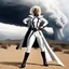 Placeholder: [high res photo by Helmut Newton] a 65 years old version of Storm in the desert, the Marvel X-men super heroine in her iconic white X-men outfit with the X on her belt standing, focus on her powers: a tornado starts
