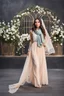 Placeholder: full body of very beautiful girl maxi dress and blouse , standing in studio pretty makeup,perfect face ,long lace scarf