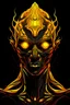 Placeholder: Vibrant Vector Art, Front View, alien god, yellow lava veins, stylized, half body, half skin, black background, 100 eyes, wide face,