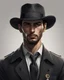 Placeholder: Man He wears Italian gangster clothes He is tall, , has a beautiful face, has brown eyes, and wears a black hat ، He carries a pistol