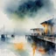 Placeholder: Rainy day scene at a pier, by John Lovett, mind-bending watercolor illustration; moody, cool colors, landscape, raining, wet surfaces