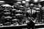 Placeholder: imitating black and white dioramas, man in three-piece suit, whose head has been replaced by a fish tank, estilo parker harrison, collage