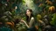 Placeholder: A dark-haired woman with pale skin and a pensive expression surrounded by fantastical creatures and plants in a lush, surreal environment