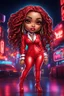 Placeholder: Create a digital airbrush chibi cartoon of a white curvy female wearing a red leather suit with red heels. Prominent make up with brown eyes. Highly detail black shiny locs that flow down her back. Extra-long diamond hoop earrings and jewelry. Background of a night club with neon signs.