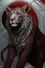 Placeholder: A new species of lion. It looks like a cheetah and a free crocodile Fur metabolism. Black red glowing tattoo. . And scales decorated with a foot. White legs and eyes standing on a glass floor.