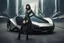 Placeholder: A Full-Length Pale Dark-Haired Woman With A Straight Bob Hairstyle With A Fringe, In A Futuristic Leather Outfit, And Gloves, Standing Next To A Futuristic Car, in a futuristic city