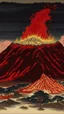 Placeholder: A dark red cinder volcano with chaotic fire painted by Katsushika Hokusai