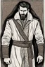 Placeholder: young man in mid 20's, medieval, fighter, russian, croocked nose, czar, rich, simple clothes, short messy hair, thick beard, oligarch, leather coat with fur, brocade clothes, pencil drawing, black or red hair, muscles, background frame