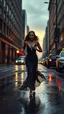 Placeholder: Female supermodel in elegant designer evening gown, running on wet, slippery city street at golden hour, with intense emotional expression, reminiscent of noir film stills, in the style of hyper-realistic digital artists like Simon Stalenhag, Ash Thorp, and Loish, with precise lighting and textures.