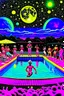 Placeholder: techno rave party in 80's with superstar dj playing and swimming pool on the moon full