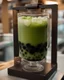 Placeholder: filling the frame we are looking into a tank filled with matcha green bubble tea, dark tapioca pearls along the bottom against the glass, ice floating at top, no fish, no outside of tank