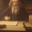 Placeholder: leonardo da vinci works in his study on a laptop at his desk. painting in photoshop. hyperdetailed, warm colors, movie poster, photoillustration, oil on canvas, lens flare