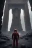 Placeholder: Mysterious huge ancient Rocky pillar with scifi gate attached with a astronaut (red suit) standing near the gate, destroyed, foggy condition wide-angle, cinematic lighting, perfect golden ratio composition detailed ground environment, haze, ultra-detailed, film photography, light leaks, Larry Bud Melman, trending on artstation, sharp focus, studio photo, intricate details, highly detailed, by greg rutkowski