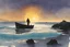 Placeholder: eternity's shore. Where the sky and water meet, Where the waves grow sweet, A soft-focus image of the golden sunset casting a warm glow, create in inkwash and watercolor, in the comic book art style of Mike Mignola, Bill Sienkiewicz and Jean Giraud Moebius, highly detailed