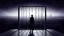 Placeholder: inner stands a human figure alone in an cube like cage with dense bars , in outside around in the distance big landscape with big city and many fade human figures in the city, dark purple, gray, black, white, brown. Whimsical style and surreal vibe, lonely with neuron network background, surreal stunning vibe