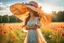 Placeholder: A young woman, elegantly adorned in a large summer hat and a flowing dress that matches the vibrant hues of the surrounding meadow, stands confidently in the center of a vast field. Her eyes are closed, a gentle smile playing on her lips as she feels the warm embrace of the sunshine and the tender kiss of a soft summer breeze. The meadow is a canvas of harmony, painted with a dazzling array of wildflowers that dance and sway in the little wind. The blue sky