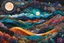 Placeholder: abstract fabric collage overlayed with Zentangle patterns that depicts the vastly diverse, rugged landscape of Nature beneath an ethereal, cosmic night sky, highly detailed, vibrant natural color, with bold ink outlining