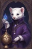 Placeholder: (anthropomorphic white ferret),dressed in ((cleric fantasy)) black and purple clothes with silver holy ornaments, realistic anatomy, fantasy tavern on background, mage and holy symbols around, serious face, hold holy symbol, tired face, in the style of LOISH, look at the vivewer, blue eyes, cute face