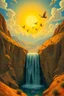 Placeholder: Hieronymus Bosch Style high quality picture waterfall in the desert birds hovering above sunny hot sky