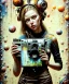 Placeholder: happy beautiful girl holding big proffesional camera in studio. street art, oil on canvas, spray paint, collage, letters, newspapeers, Dave McKean, Vladimir Fedotko, Saturno Butto, Vaughn Bodé, Frank Wu, James C. Christensen, collage, dirty, paint dripping, radiant