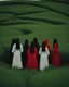 Placeholder: a group of no face women with mask standing on top of a lush green hillside, inspired by Ren Hang, design milk, long black hair, whites, wanderers traveling from afar, trending on artisation, cloning spell, coat pleats, in twin peaks, submarine, by Helen Thomas Dranga, symetry, round-cropped, noire photo